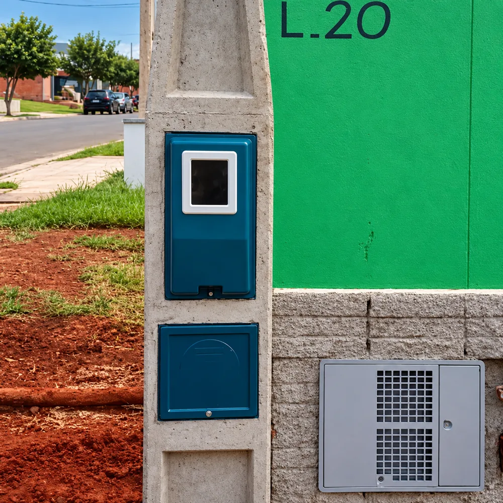 Poste bifásico com caixa de medição junto a um muro verde