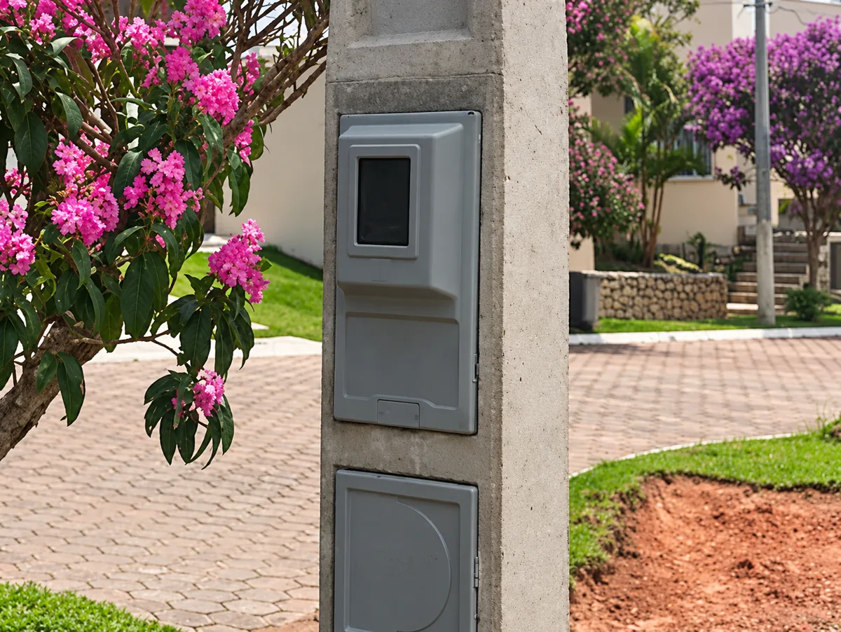 Poste trifásico em praça com árvores floridas