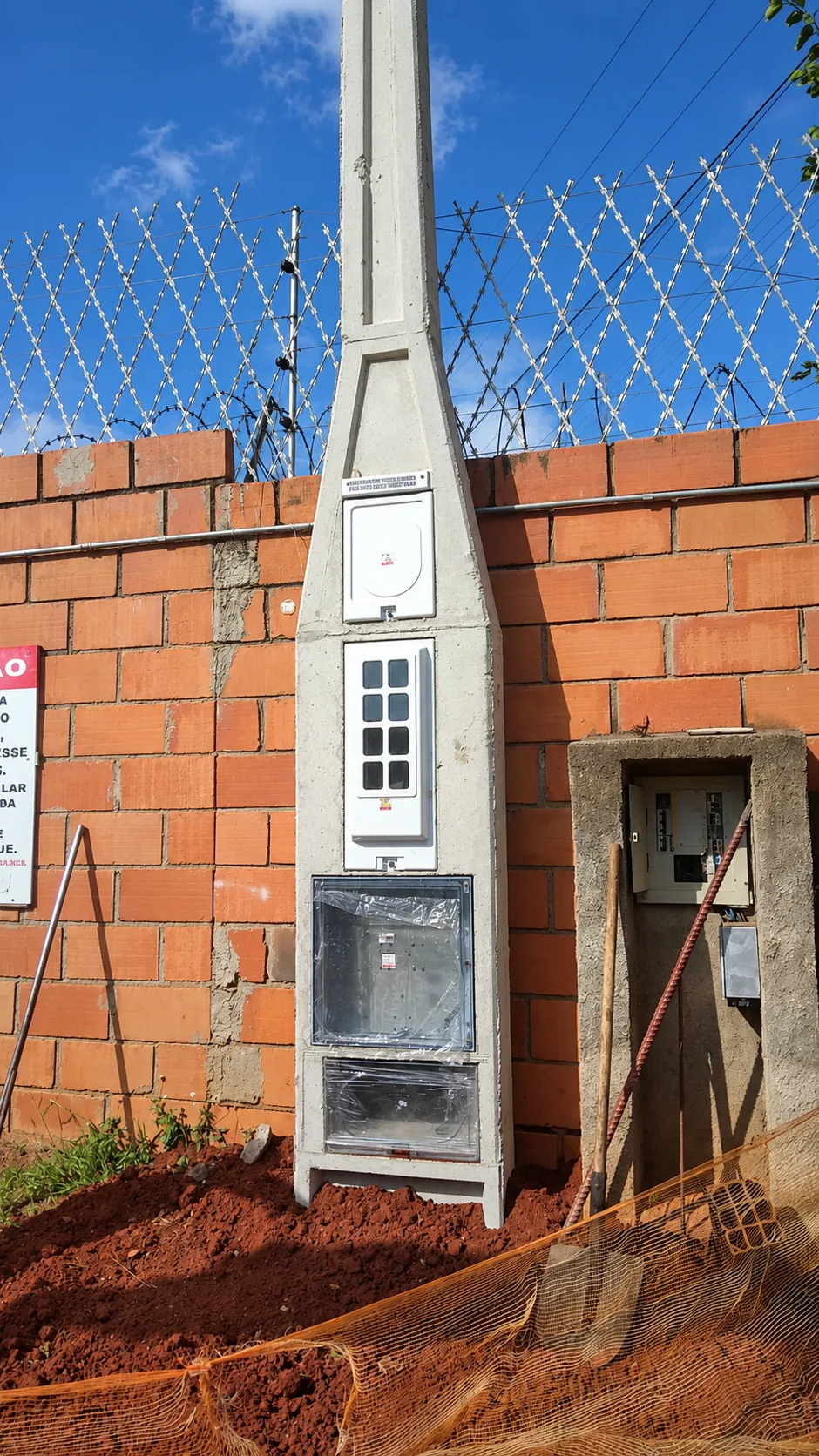 Poste do grupo C4 a C6 diante de um muro de tijolos