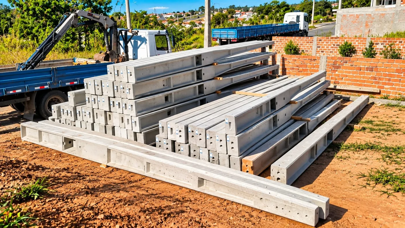 Postes padrão de concreto organizados para fornecimento, junto a caminhões