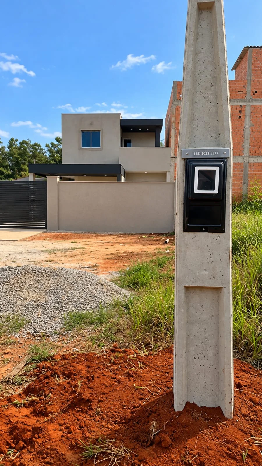 Poste trifásico do grupo C1 a C3 com uma caixa preta de medição diante de residência
