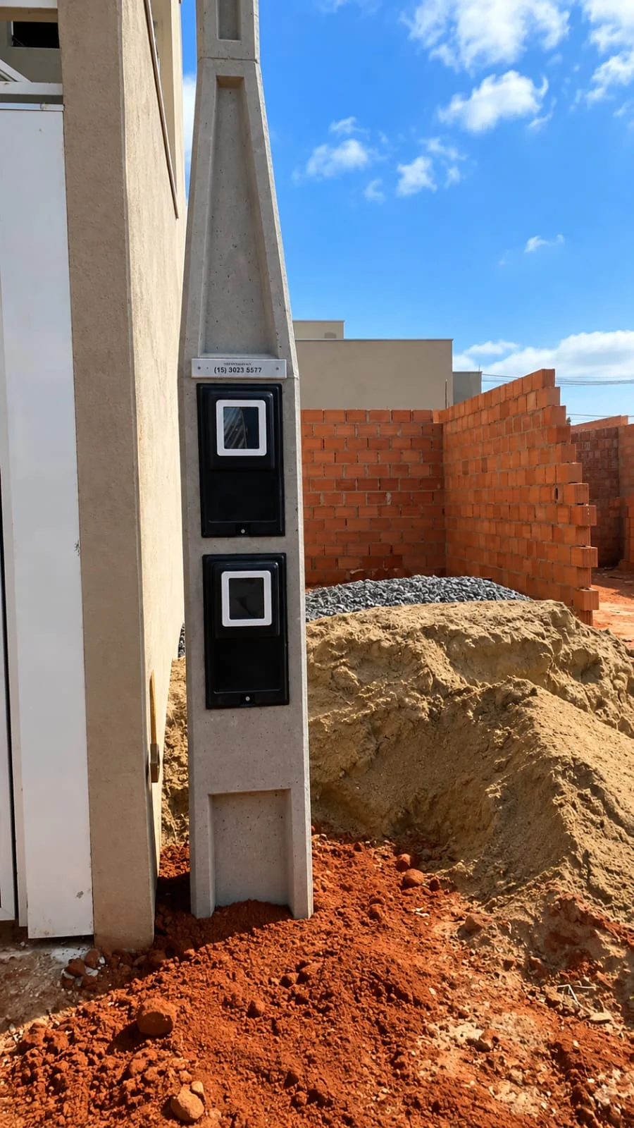 Poste trifásico do grupo C1 a C3 com duas caixas pretas de medição junto a obra
