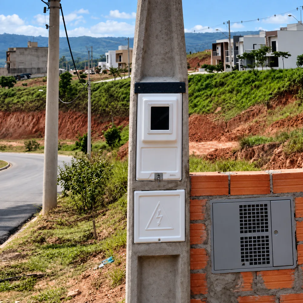 Poste trifásico instalado junto a uma rua residencial